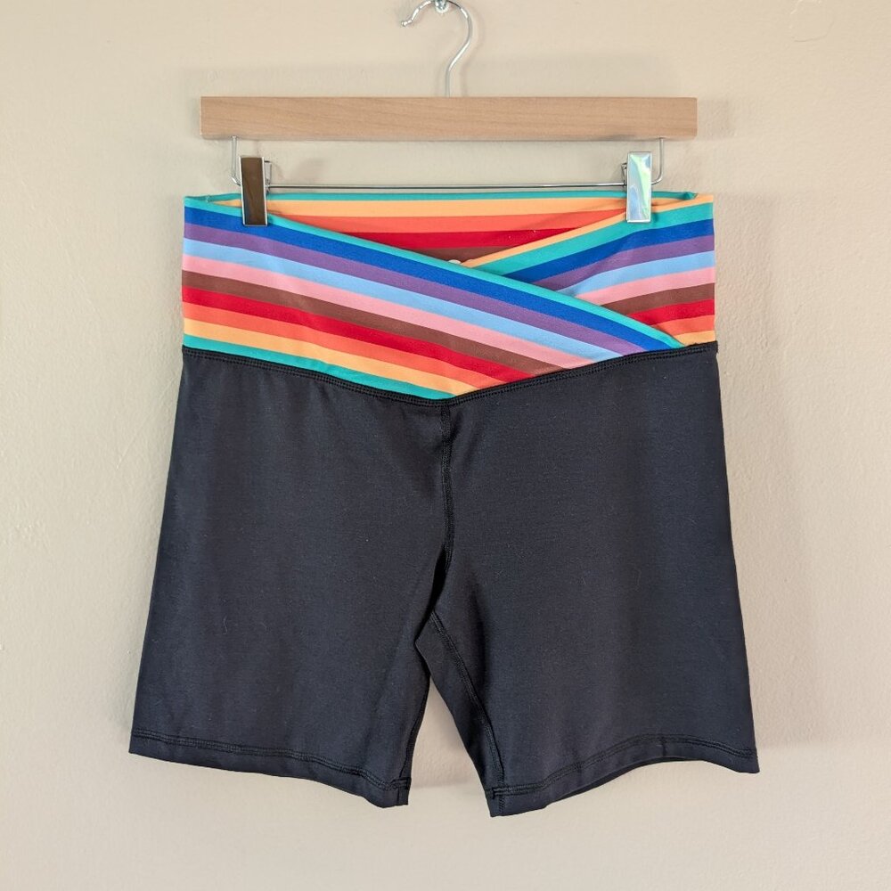 SO Goods For Life‎ Black Bike Shorts Rainbow Striped Crossover Waist L Workout